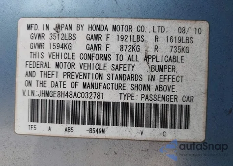 2010 Honda Fit Sport z USA, uszkodzony, nr VIN JHMGE8H48AC032781